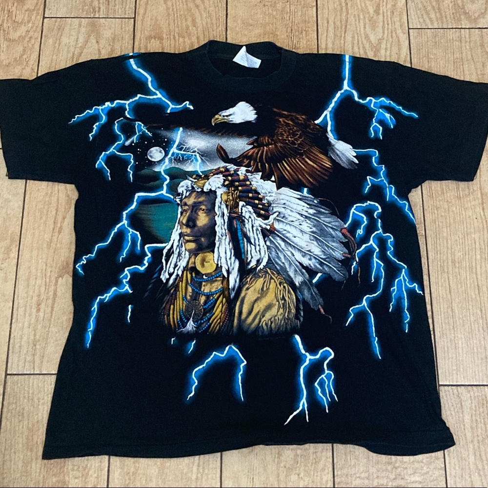 Vintage Single Stitch 90s American Thunder Double Sided Native American Eagle L